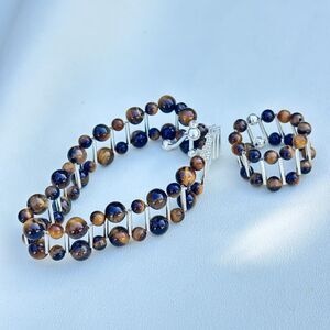 NWOT Set 925 Sterling Silver Tiger Eye Bead Bar Bracelet Ring Modernist